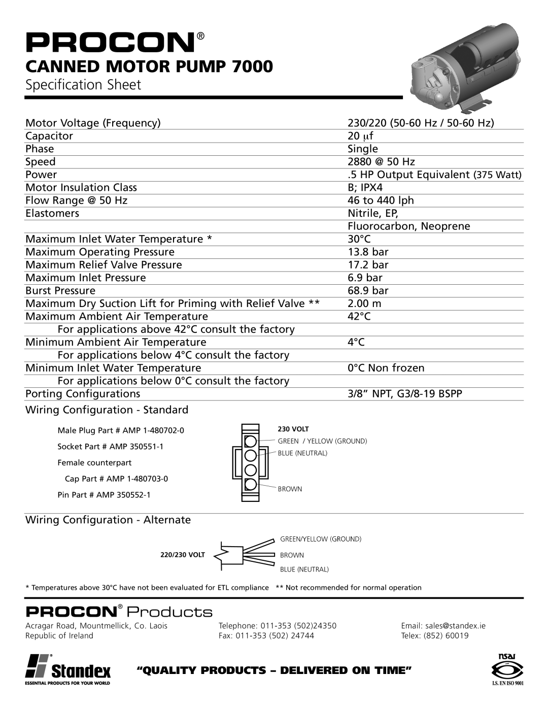 Bakers Pride Oven 7000 specifications Canned Motor Pump, Specification Sheet, Procon Products 