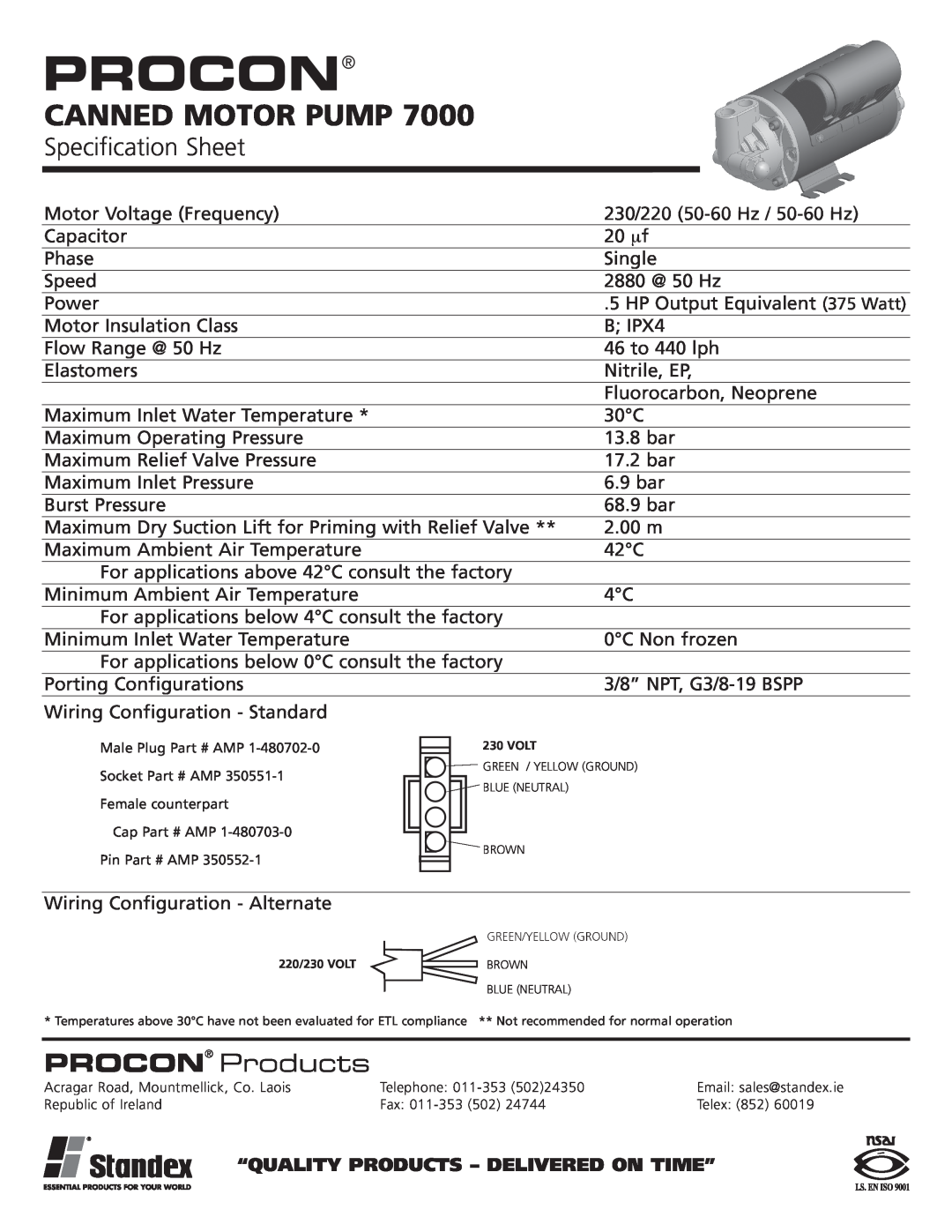 Bakers Pride Oven 7000 specifications Procon, Canned Motor Pump, Specification Sheet, PROCON Products 