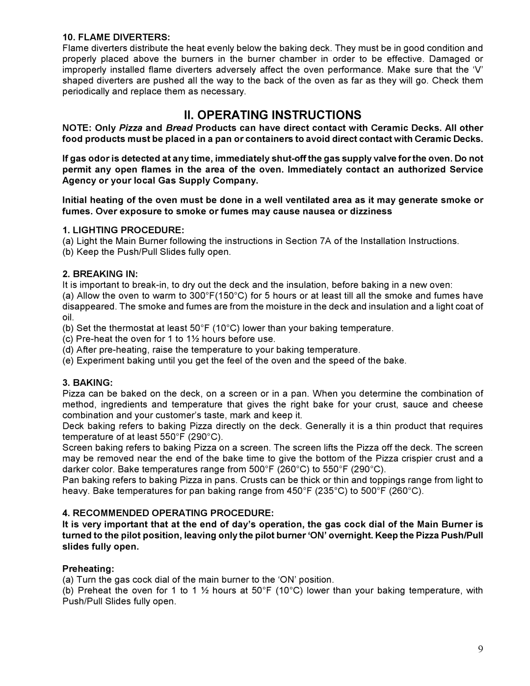 Bakers Pride Oven 600, 800, 805, 400 Flame Diverters, Lighting Procedure, Breaking, Baking, Recommended Operating Procedure 