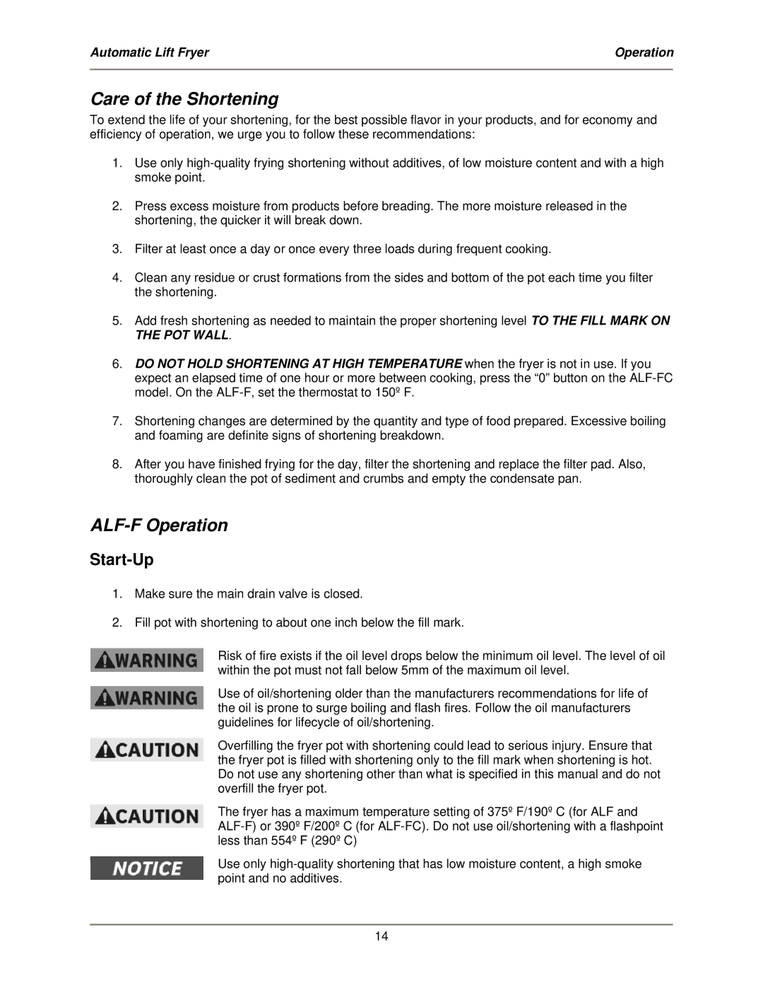 Bakers Pride Oven ALF-FC service manual Care of the Shortening, ALF-F Operation, Start-Up 