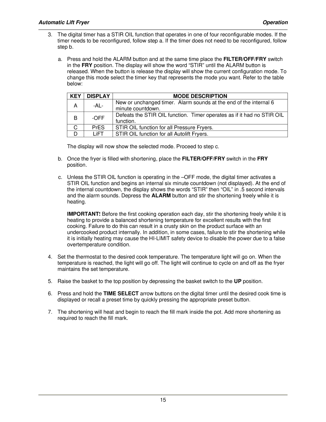 Bakers Pride Oven ALF-FC service manual KEY Display Mode Description 