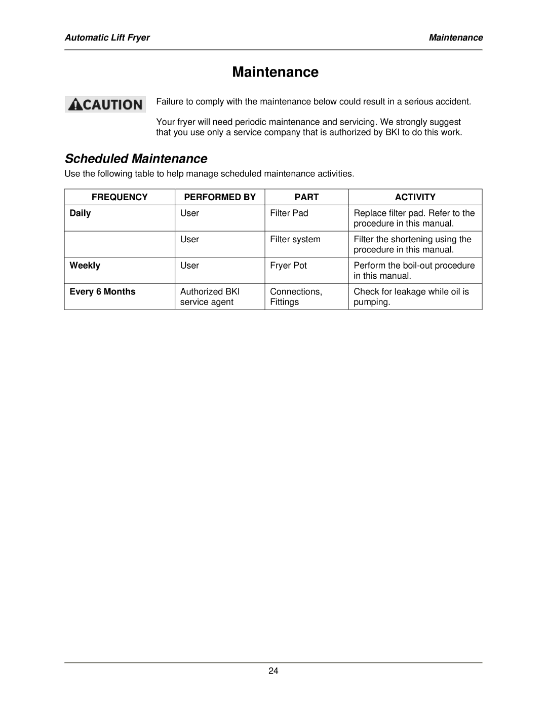 Bakers Pride Oven ALF-FC service manual Scheduled Maintenance, Daily, Weekly, Every 6 Months 