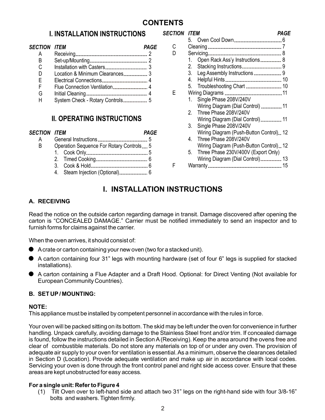 Bakers Pride Oven BCO-E, GDCO-E manual Contents Installation Instructions 