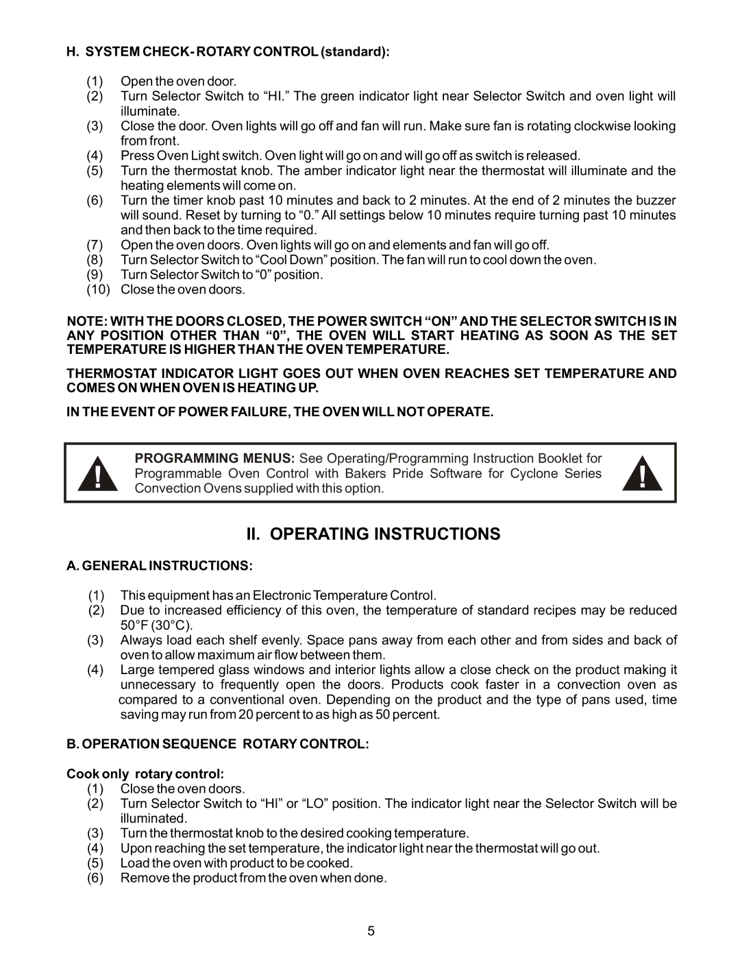 Bakers Pride Oven GDCO-E System CHECK- Rotary Control standard, General Instructions, Operation Sequence Rotary Control 