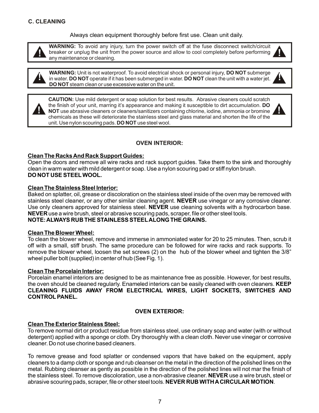 Bakers Pride Oven GDCO-E, BCO-E manual Do not USE Steel Wool 