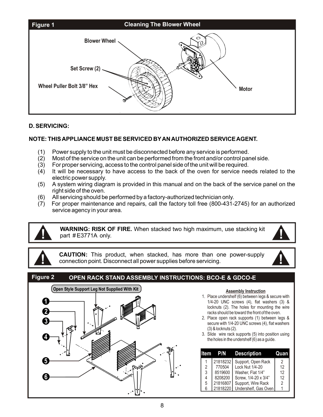 Bakers Pride Oven manual Servicing, Open Rack Stand Assembly Instructions BCO-E & GDCO-E 