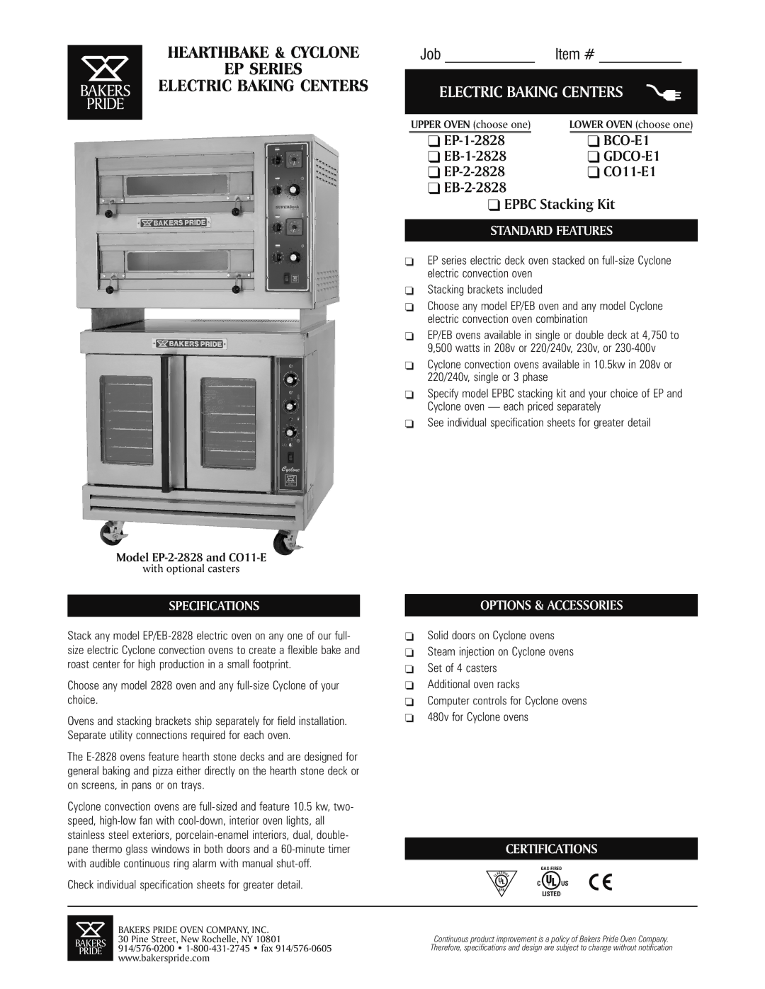 Bakers Pride Oven EP-1-2828 specifications Specifications, Standard Features, Options & Accessories, Certifications 