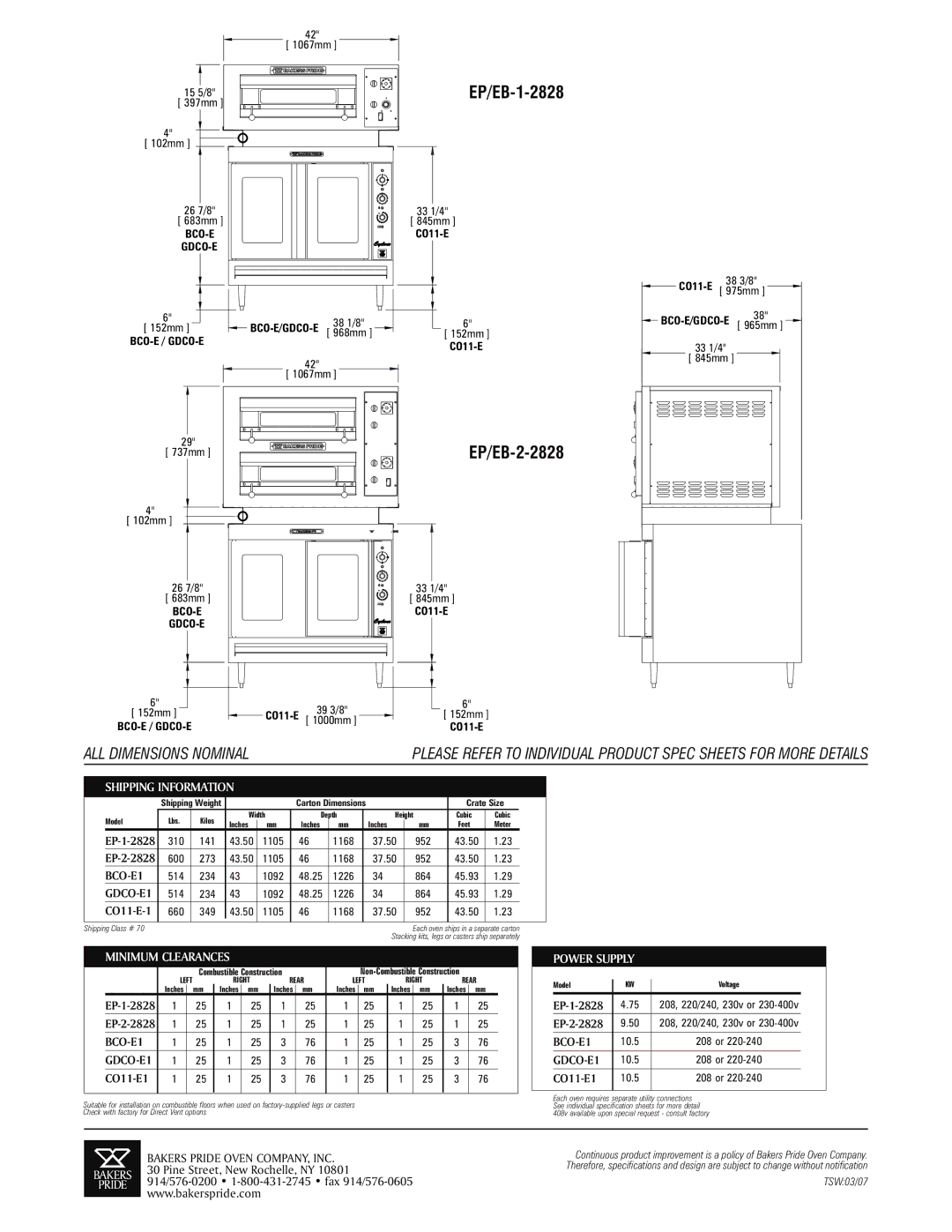 Bakers Pride Oven EB-1-2828, BCO-E1, EP-1-2828 specifications Minimum Clearances, Power Supply 