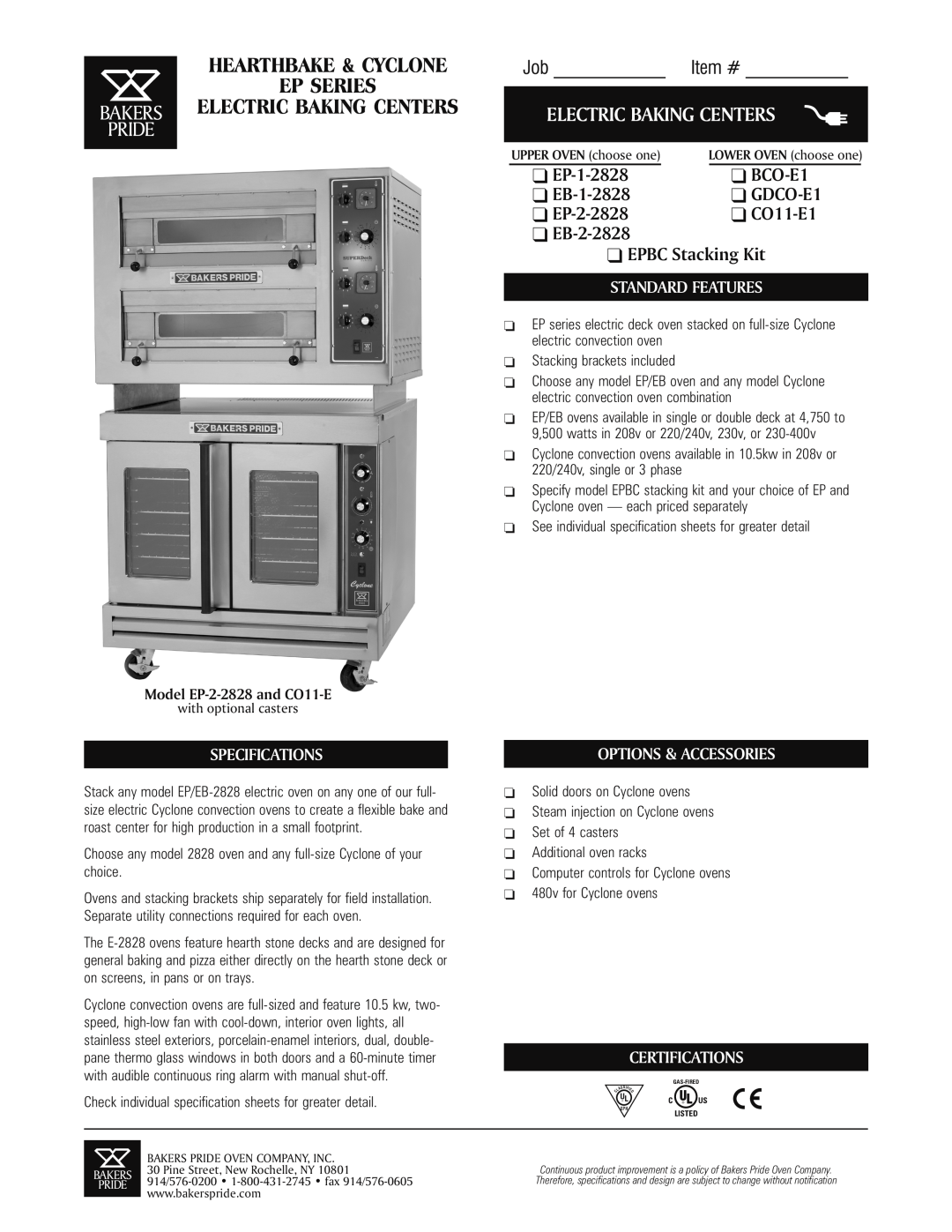 Bakers Pride Oven specifications Model BCO-E1 with optional casters, Model BCO-E1Single Model BCO-E2Double, Job Item # 
