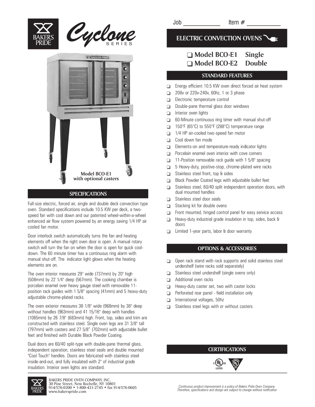 Bakers Pride Oven BCO-E1 specifications Specifications, Standard Features, Options & Accessories, Certifications 