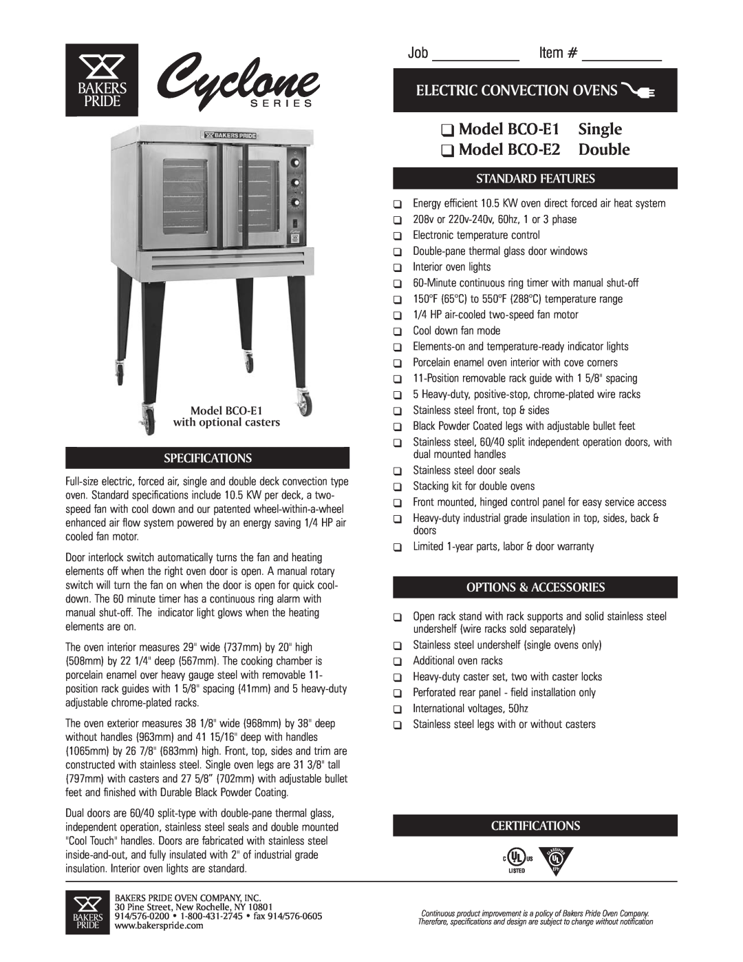Bakers Pride Oven specifications Model BCO-E1 with optional casters, Model BCO-E1Single Model BCO-E2Double, Job Item # 