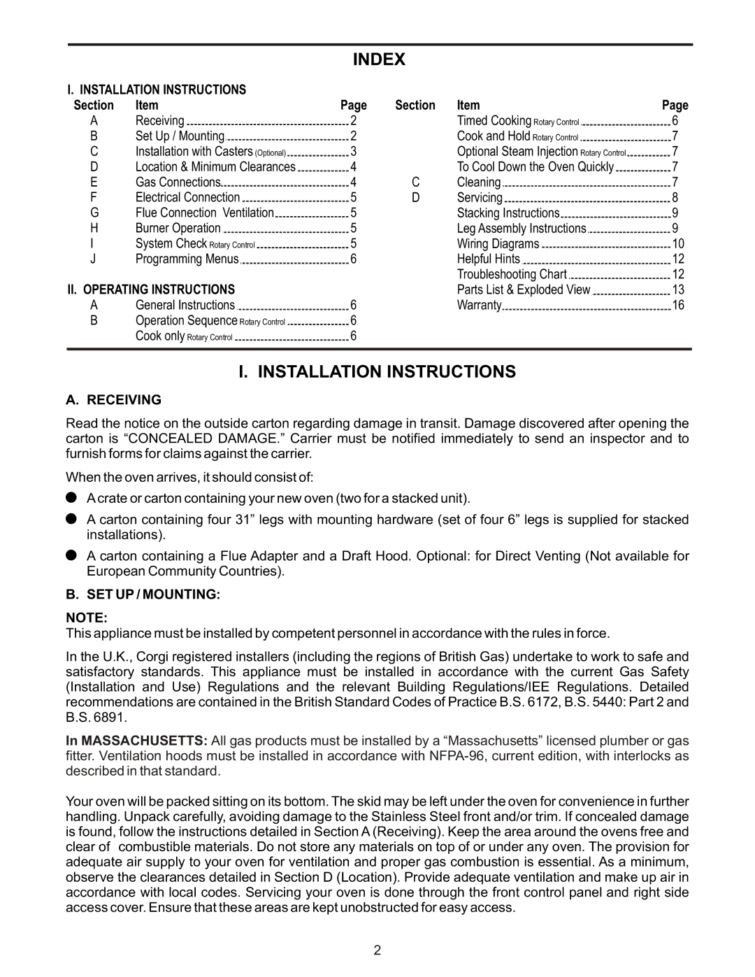 Bakers Pride Oven BCO-G manual Installation Instructions, Section, II. Operating Instructions, Receiving, SET UP / Mounting 