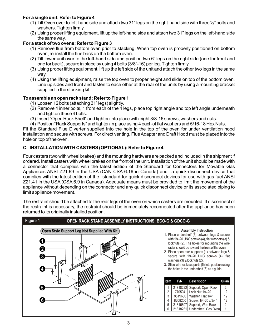 Bakers Pride Oven GDCO-G, BCO-G manual For a single unit Refer to Figure, For a stack of two ovens Refer to Figure 