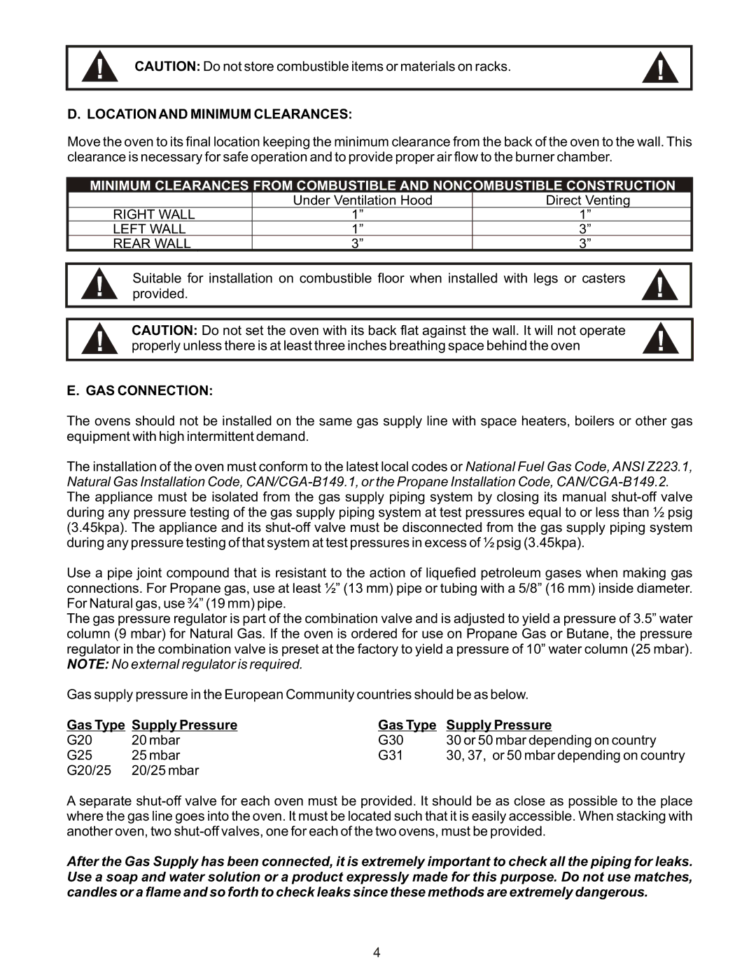 Bakers Pride Oven BCO-G, GDCO-G manual Location and Minimum Clearances, GAS Connection, Gas Type Supply Pressure 
