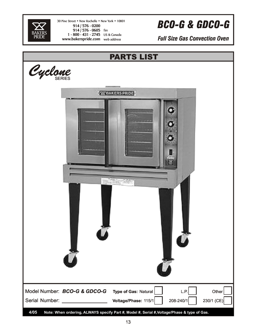 Bakers Pride Oven Full Size Gas Convection Oven, Cyclone, Bco-G & Gdco-G, Parts List, Model Number BCO-G & GDCO-G, 0200 