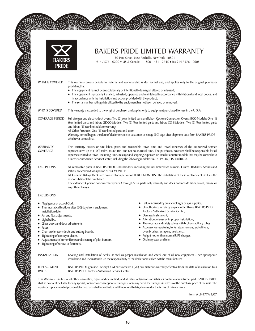 Bakers Pride Oven BCO-G, GDCO-G manual Bakers Pride Limited Warranty, Pine Street New Rochelle, New York, Form #U4177A 1/07 