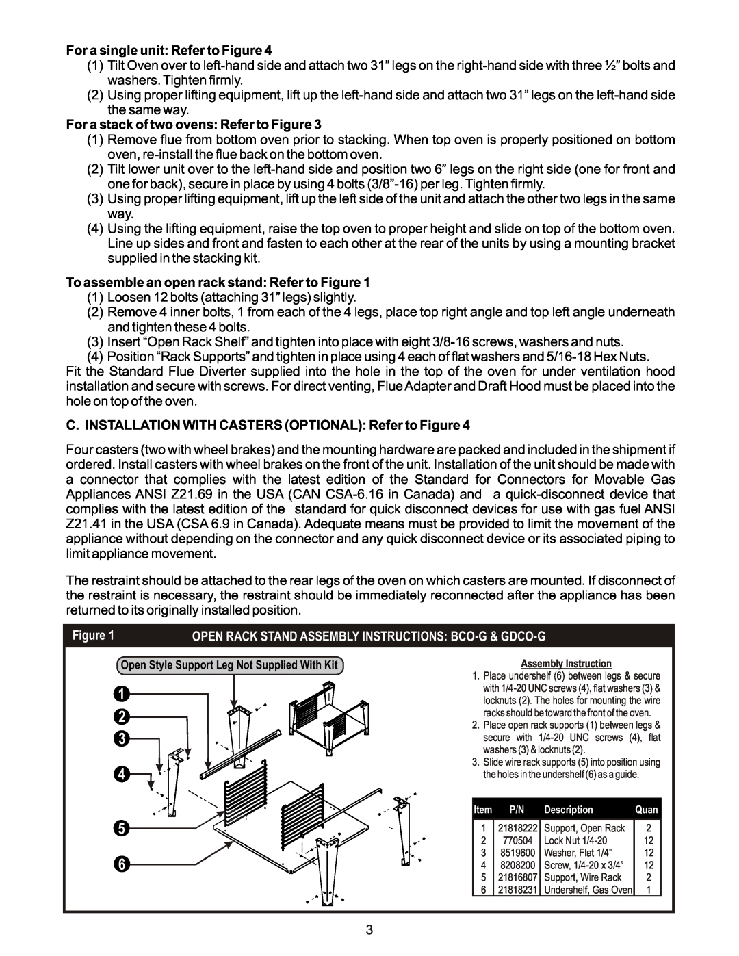 Bakers Pride Oven GDCO-G, BCO-G manual For a single unit Refer to Figure, For a stack of two ovens Refer to Figure 
