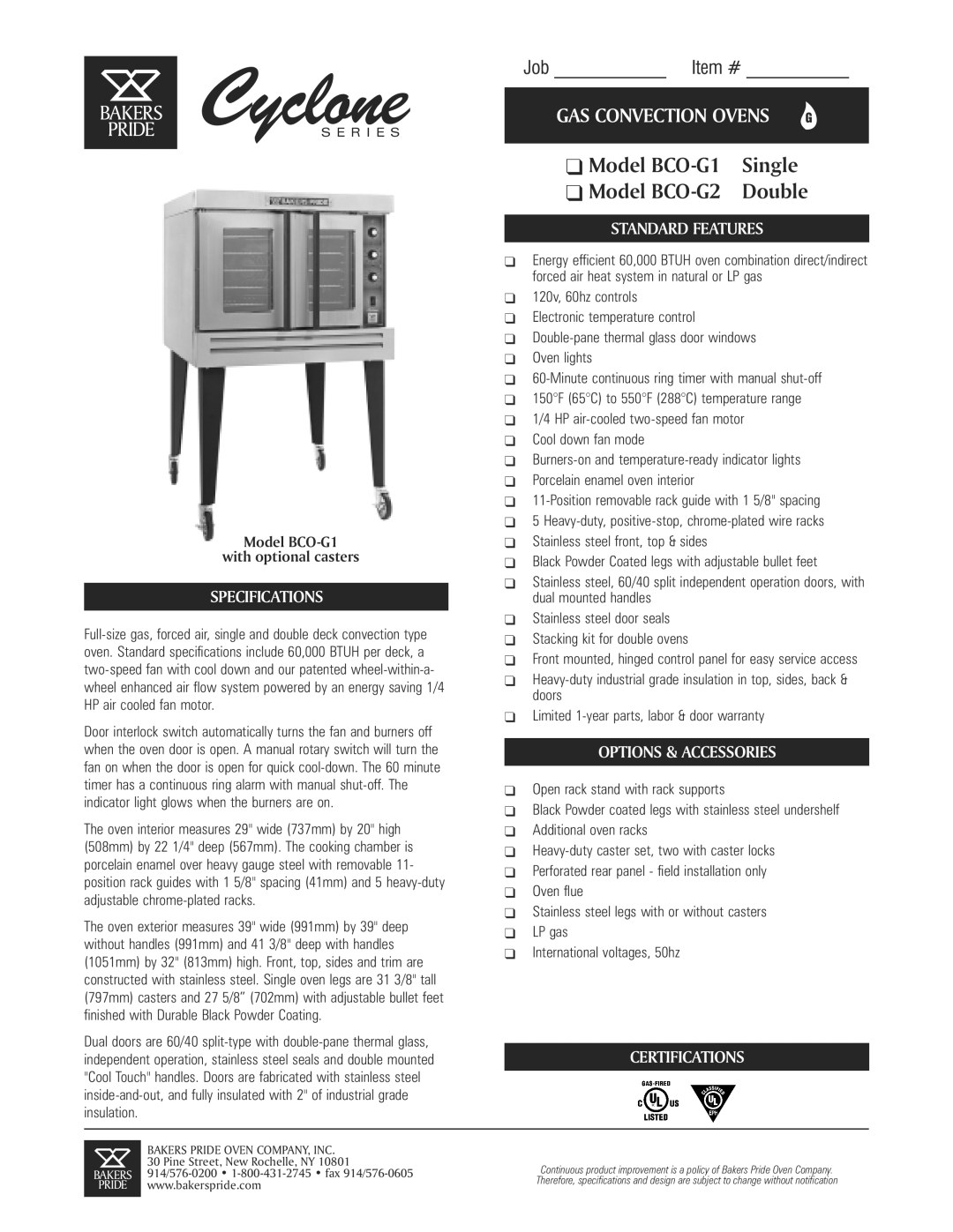 Bakers Pride Oven BCO-G1, BCO-G2 specifications Specifications, Standard Features, Options & Accessories, Certifications 