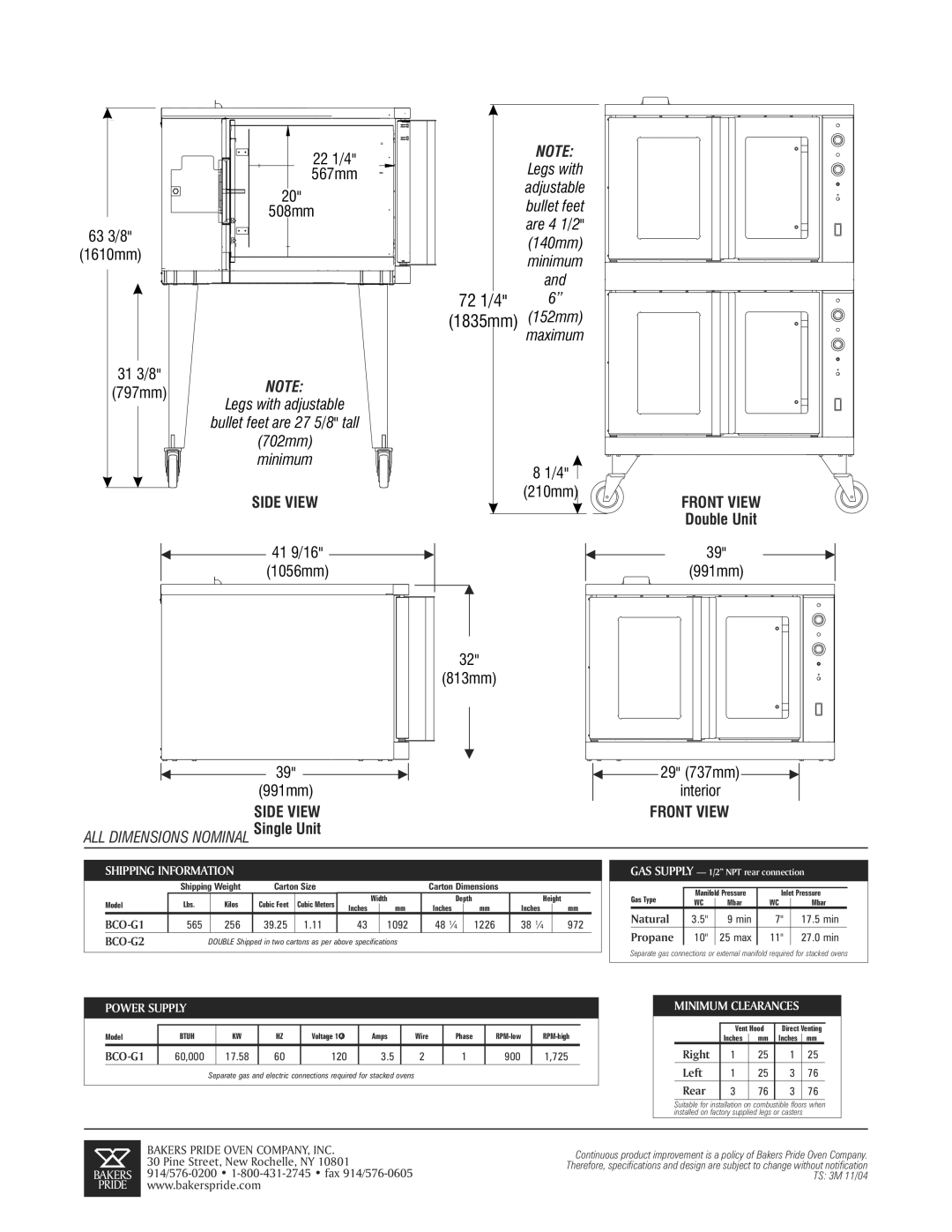 Bakers Pride Oven BCO-G2, BCO-G1 Shipping Information, Natural, Power Supply, Minimum Clearances, Right Left Rear 