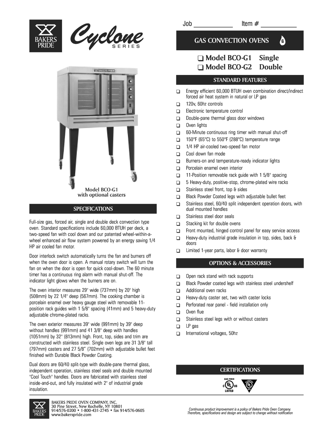 Bakers Pride Oven specifications Model BCO-G1 with optional casters, Model BCO-G1 Single Model BCO-G2 Double, Pride 