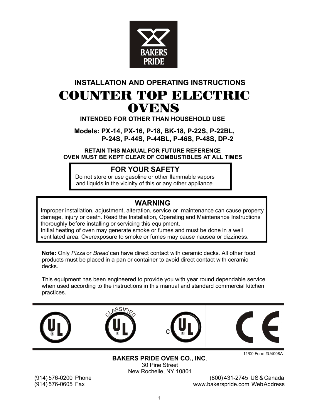 Bakers Pride Oven PX-16, BK-18, P-44BL, P44S, P-24S, P48S, P46S, DP-2, P-18, P-22BL, P-22S, PX-14 manual Counter TOP Electric Ovens 