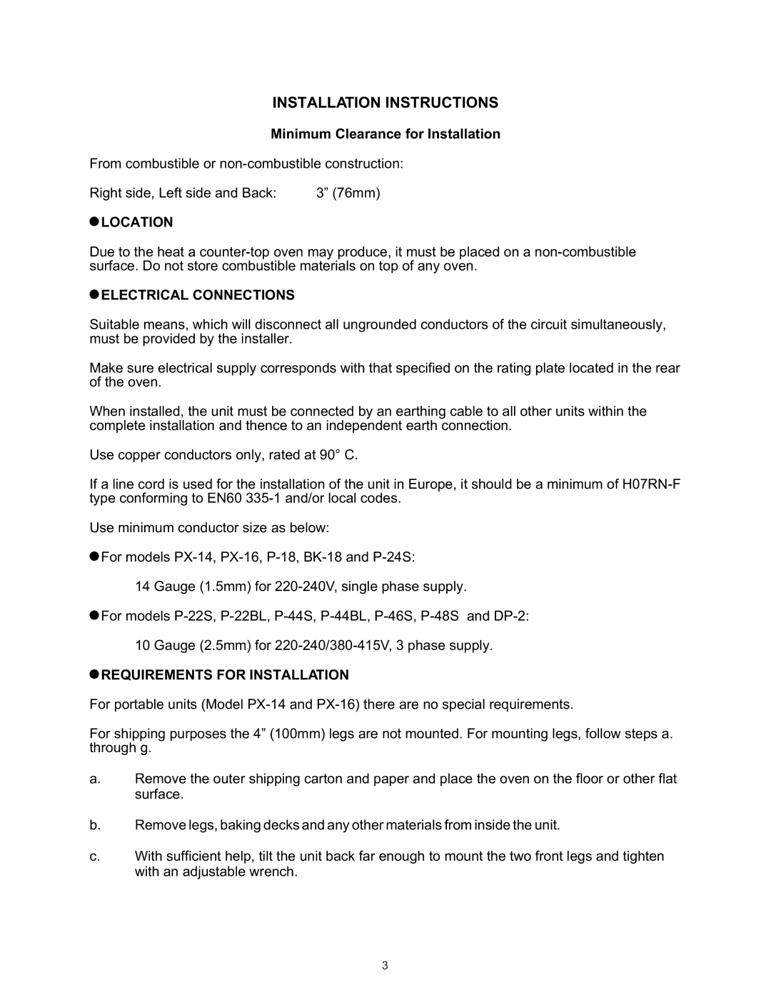 Bakers Pride Oven P44S, BK-18, PX-16, P-44BL, P-24S, P48S, P46S Location, Electrical Connections, Requirements for Installation 