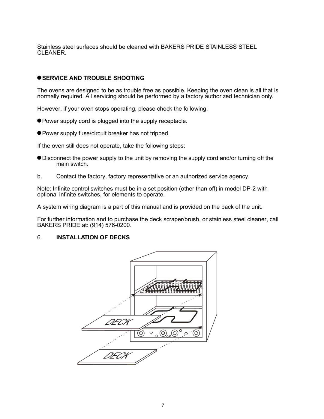 Bakers Pride Oven DP-2, BK-18, PX-16, P-44BL, P44S, P-24S, P48S, P46S, P-18 Service and Trouble Shooting, Installation of Decks 