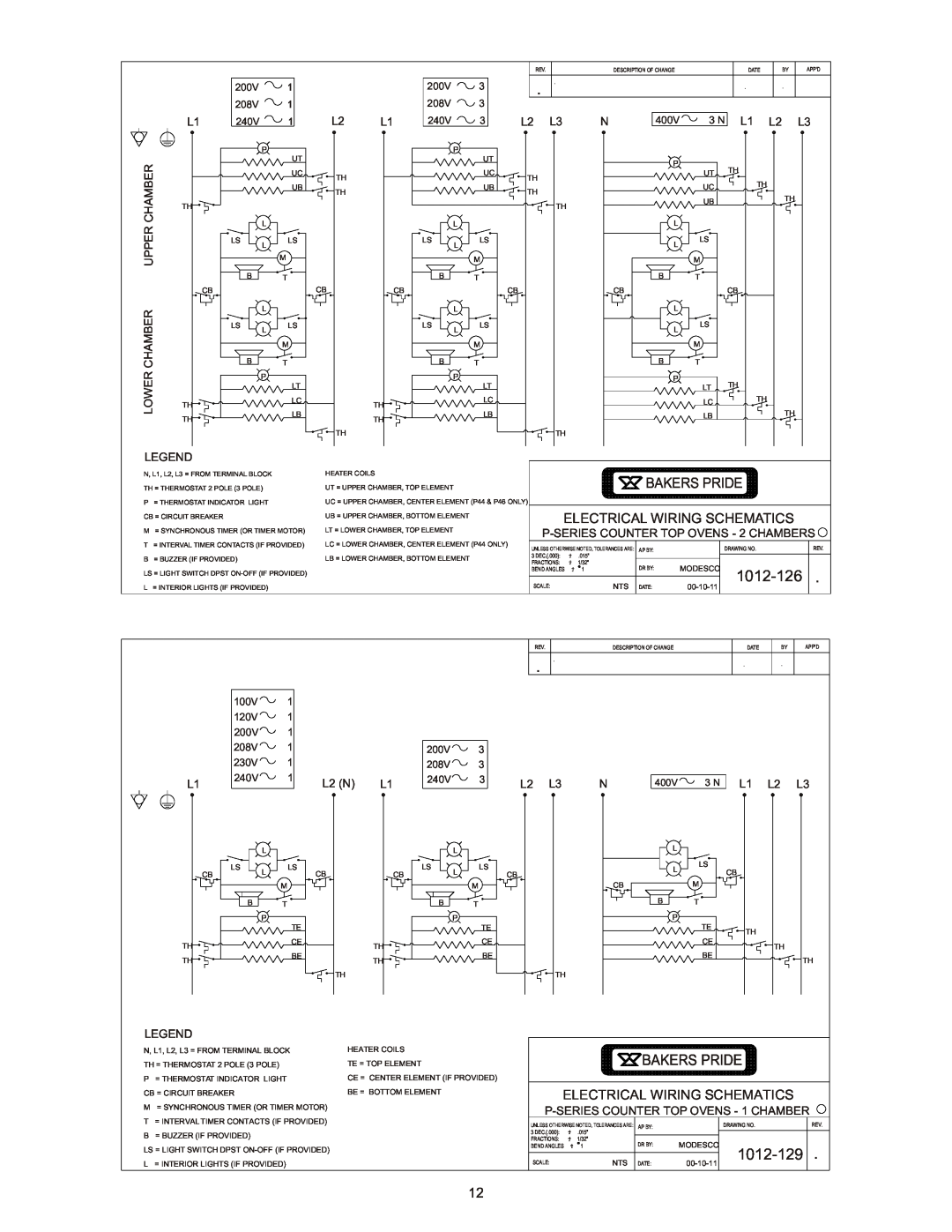 Bakers Pride Oven BK-18, PX-16, P-44BL, P44S, P-24S, P48S 1012-126, 1012-129, Bakers Pride Electrical Wiring Schematics 