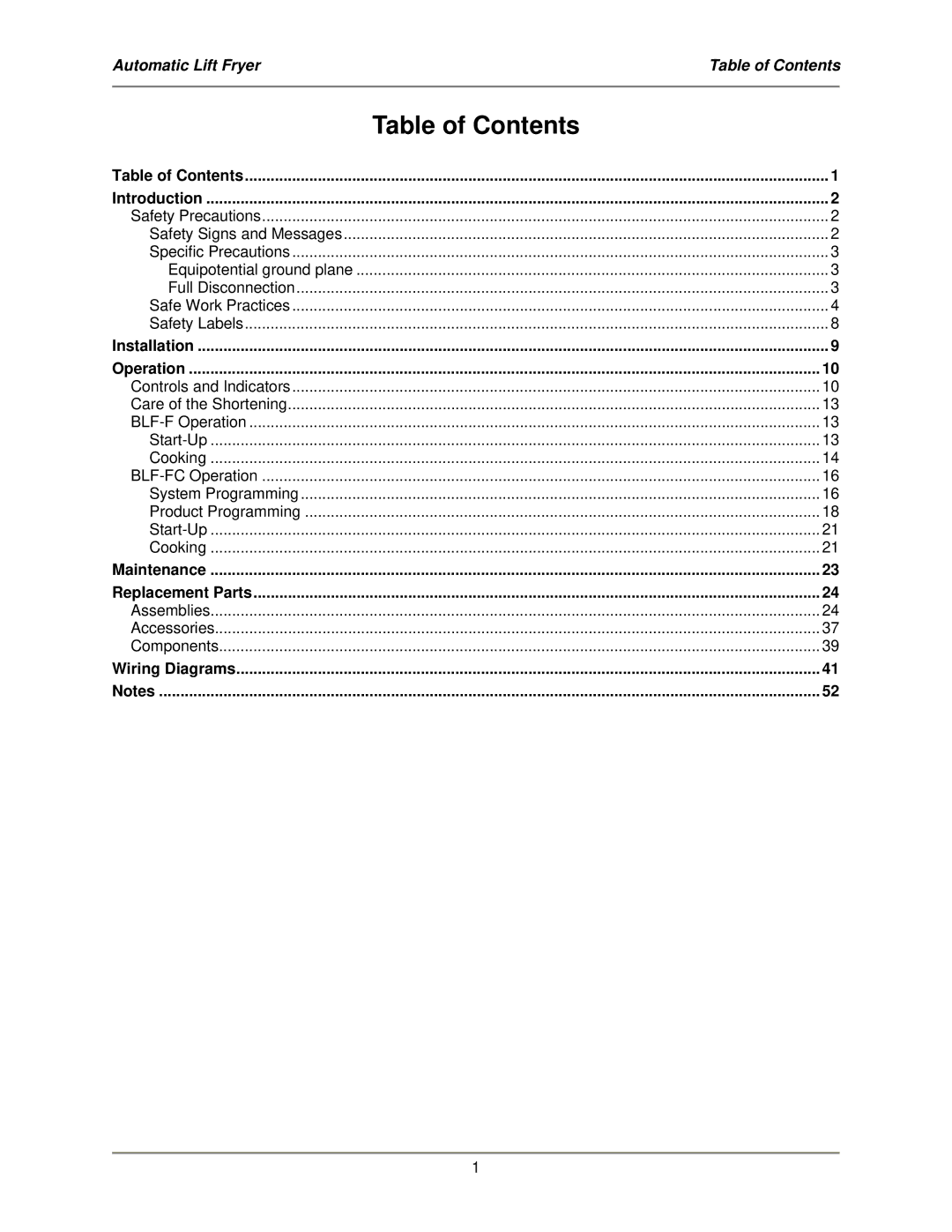 Bakers Pride Oven BLF-F service manual Table of Contents 