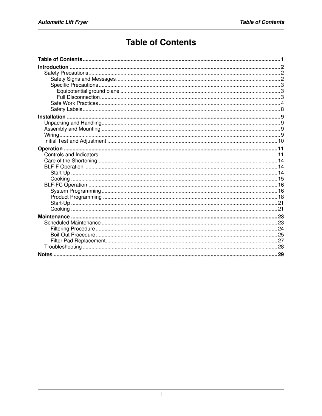 Bakers Pride Oven BLF-FC operation manual Table of Contents 