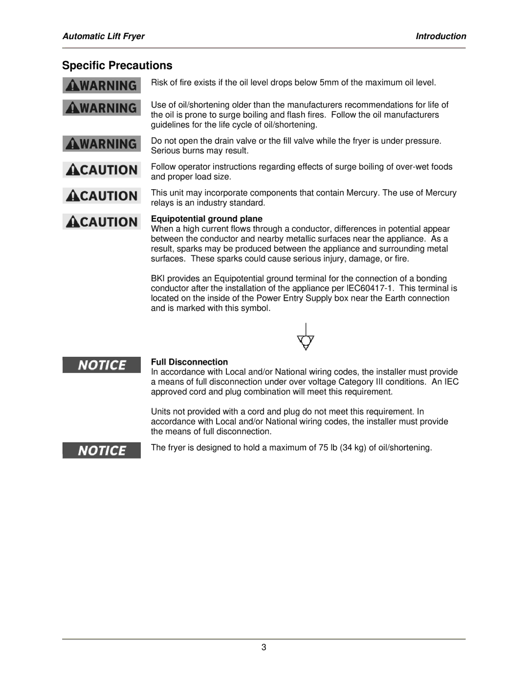 Bakers Pride Oven BLF-FC operation manual Specific Precautions, Equipotential ground plane, Full Disconnection 