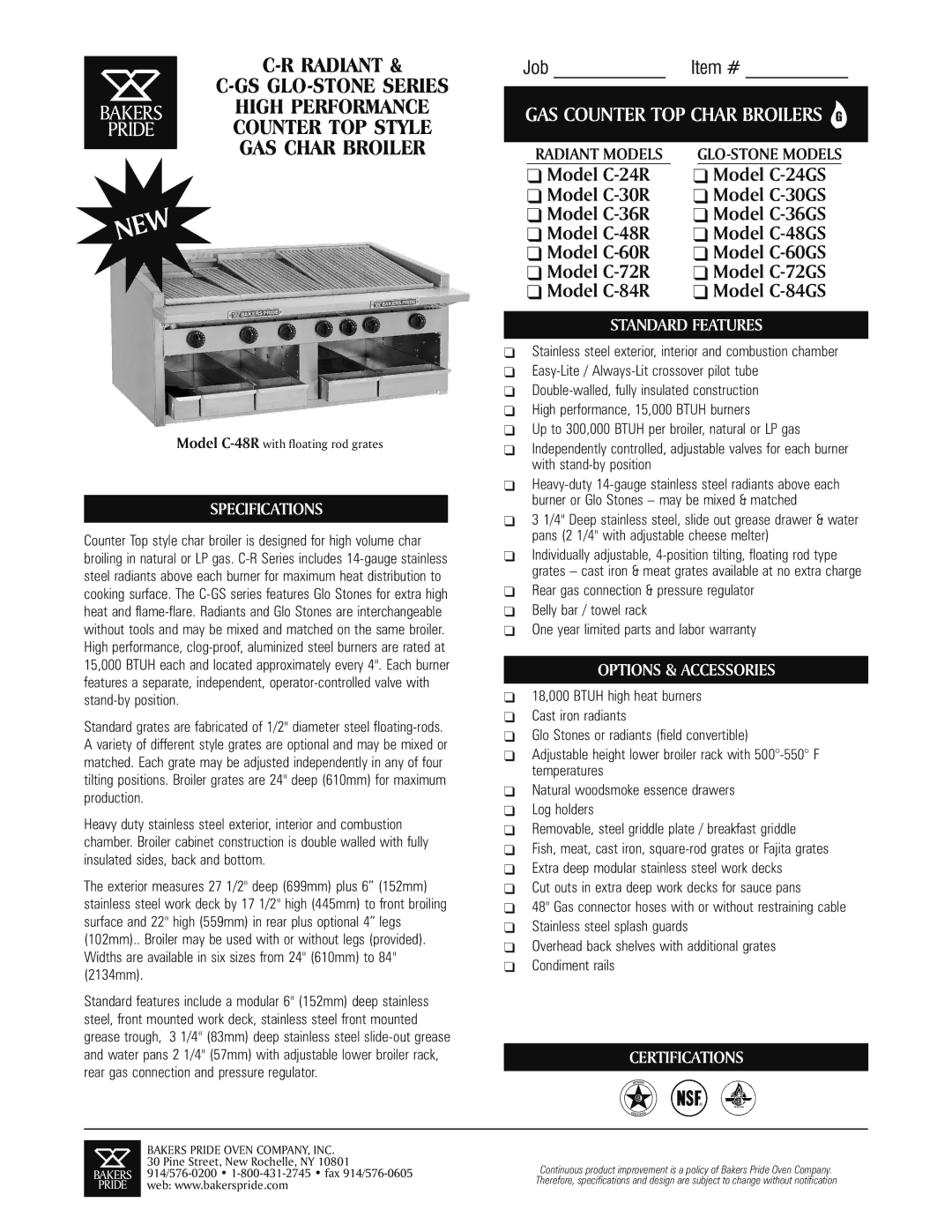 Bakers Pride Oven C-48R specifications Specifications, Standard Features, Options & Accessories, Certifications 