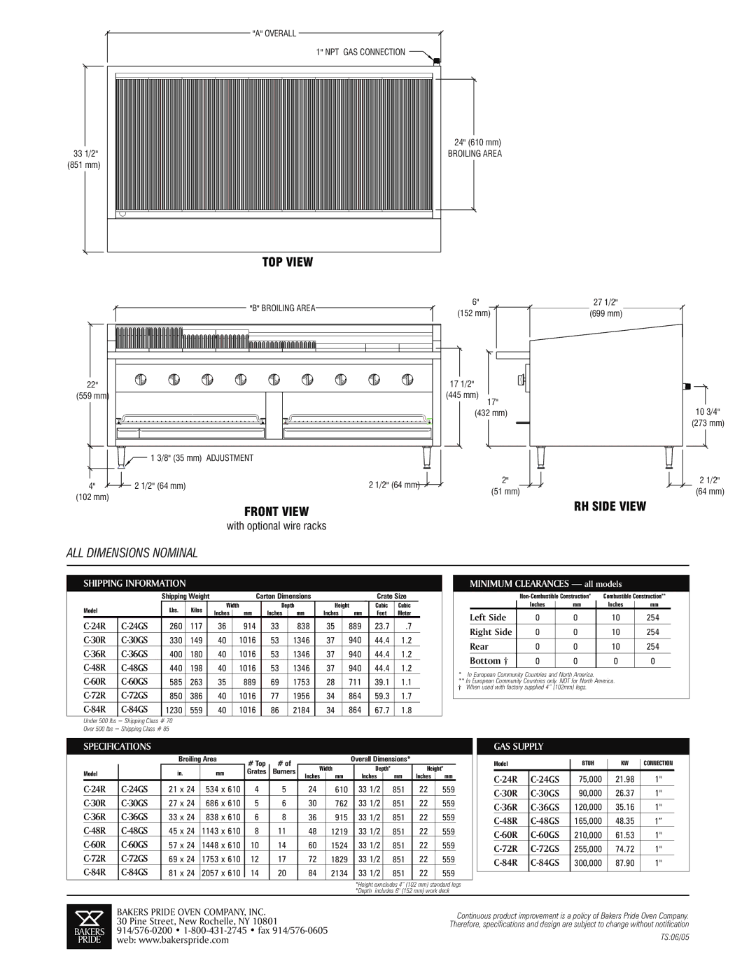 Bakers Pride Oven C-48R specifications Shipping Information, Specifications, GAS Supply 