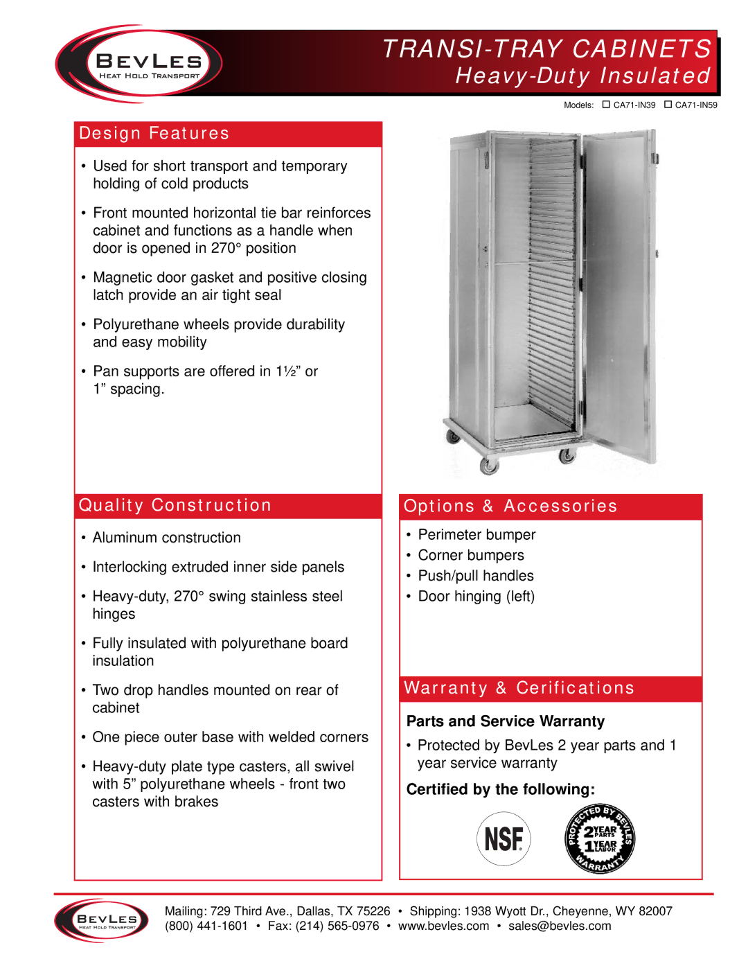 Bakers Pride Oven CA71-IN39, CA71-IN59 warranty Design Features, Quality Construction, Options & Accessories 