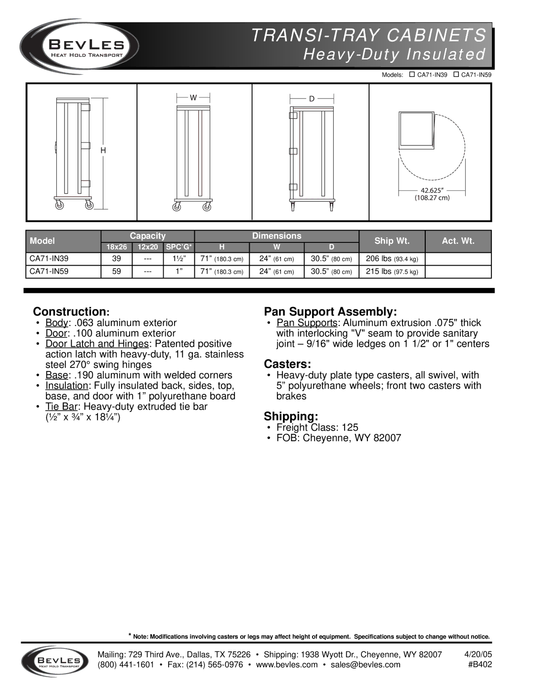 Bakers Pride Oven CA71-IN59, CA71-IN39 warranty Construction, Pan Support Assembly, Casters, Shipping 