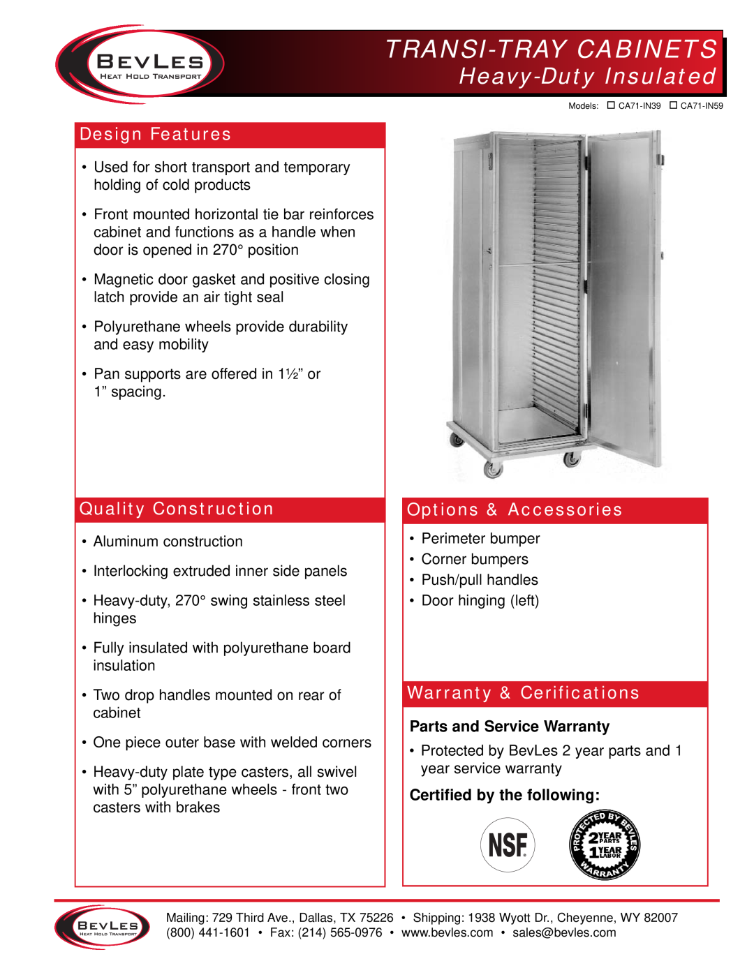 Bakers Pride Oven CA71-IN39 warranty Transi-Traycabinets, Heavy-DutyInsulated, Design Features, Quality Construction 