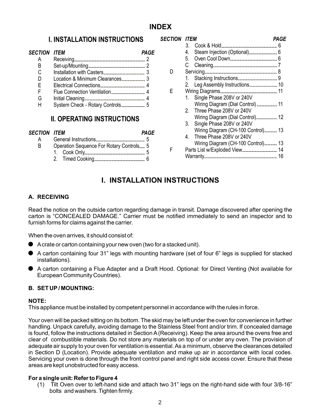 Bakers Pride Oven CB-MVPWDS manual Receiving, SET UP / Mounting, For a single unit Refer to Figure 