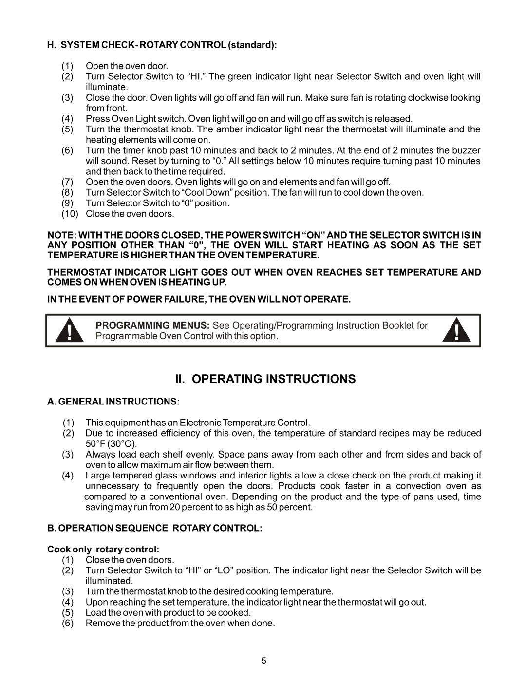 Bakers Pride Oven CB-MVPWDS System CHECK- Rotary Control standard, General Instructions, Operation Sequence Rotary Control 