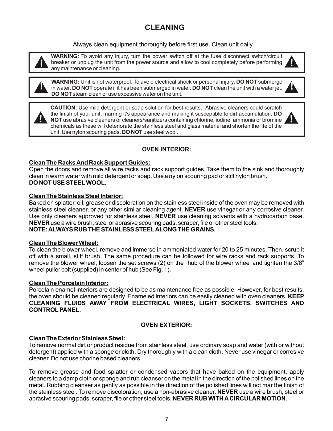 Bakers Pride Oven CB-MVPWDS manual Do not USE Steel Wool 