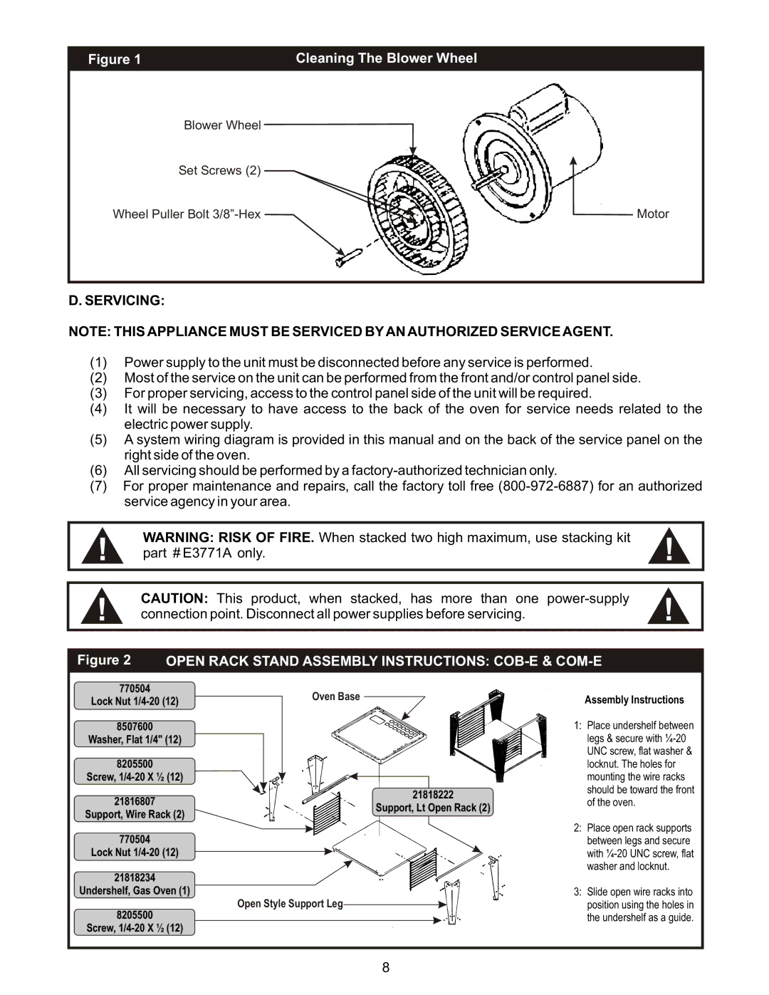 Bakers Pride Oven CB-MVPWDS manual Servicing, Open Rack Stand Assembly Instructions COB-E & COM-E 