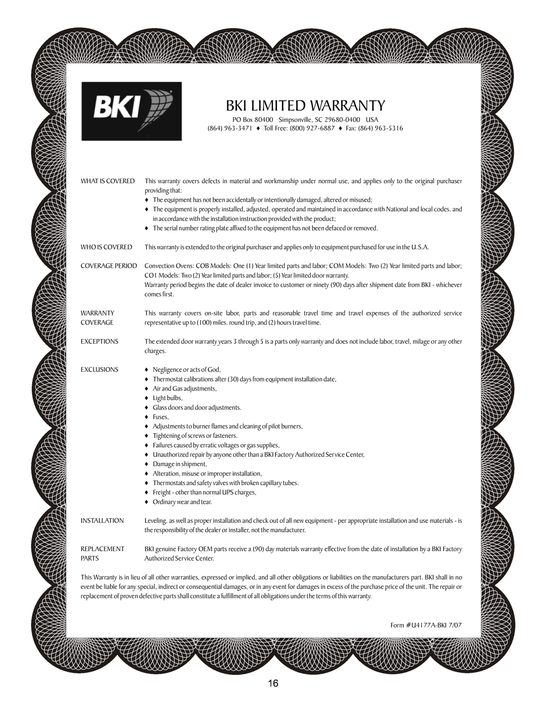 Bakers Pride Oven CB-MVPWDS manual Bki Limited Warranty 