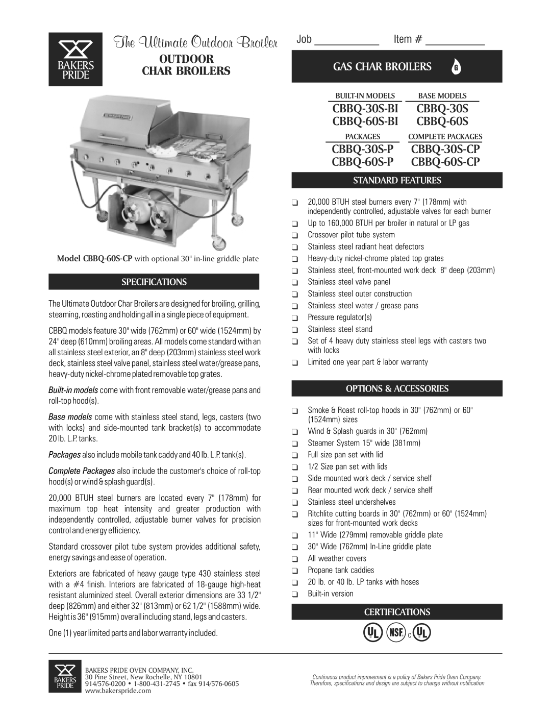 Bakers Pride Oven CBBQ-30S-BI specifications Specifications, Standard Features, Options & Accessories, Certifications 