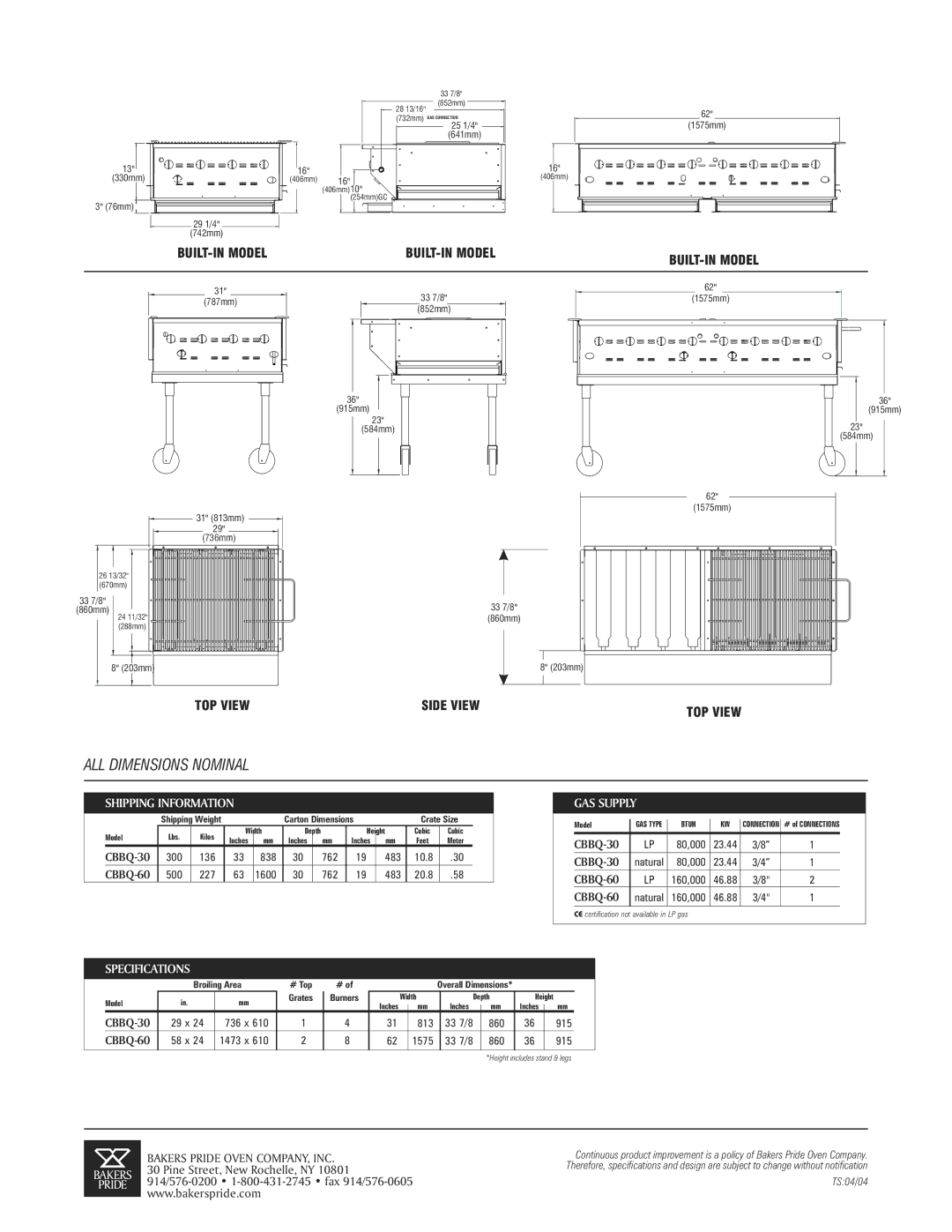 Bakers Pride Oven CBBQ-30S-CP, CBBQ-30S-P, CBBQ-30S-BI, CBBQ-60S-P, CBBQ-60S-BI BUILT-IN Model, TOP View Side View 