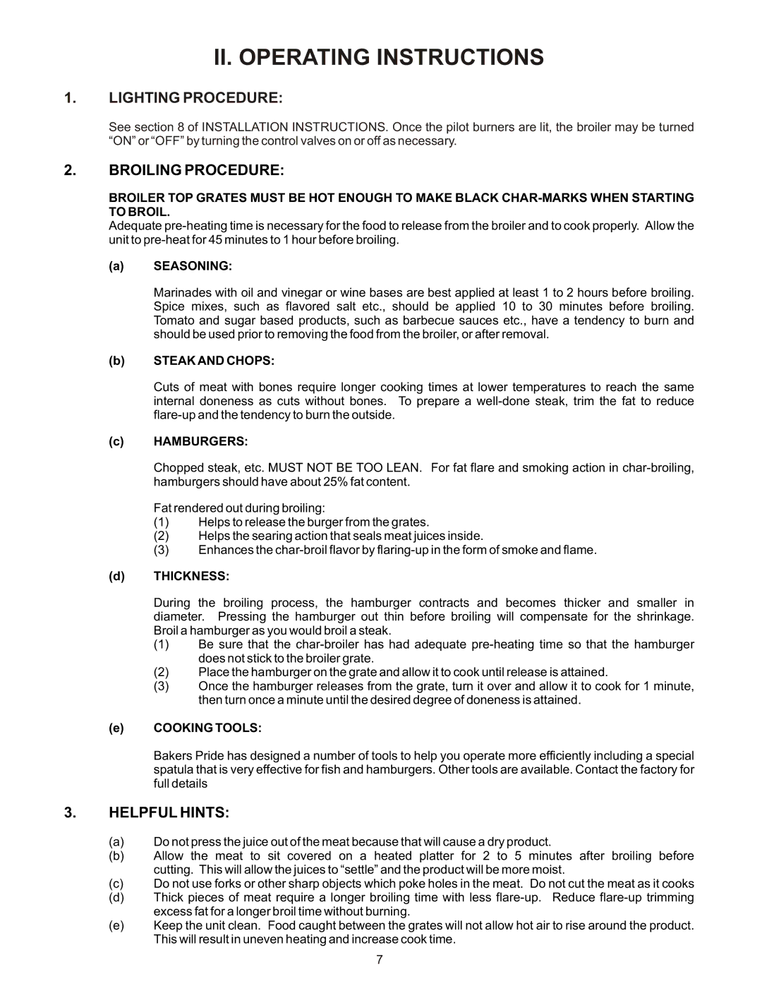 Bakers Pride Oven XX, CG operating instructions Broiling Procedure, Helpful Hints 