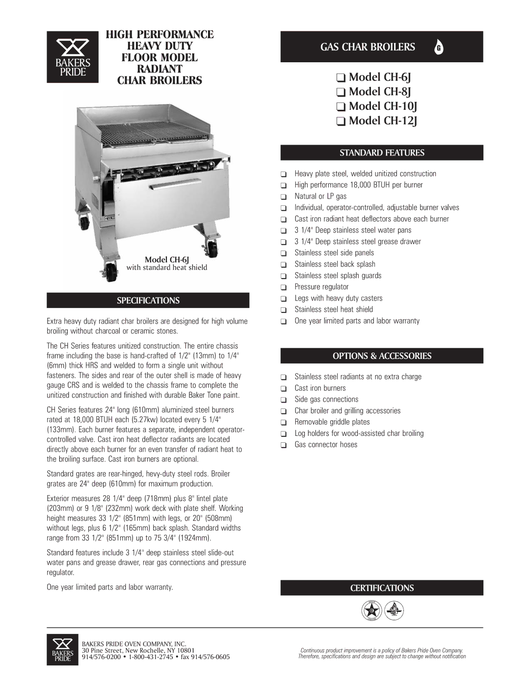 Bakers Pride Oven CH-12J, CH-6J specifications Specifications, Standard Features, Options & Accessories, Certifications 