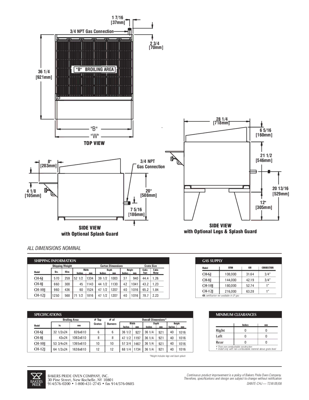 Bakers Pride Oven CH-10J, CH-6J, CH-12J, CH-8J specifications Shipping Information, Specifications 