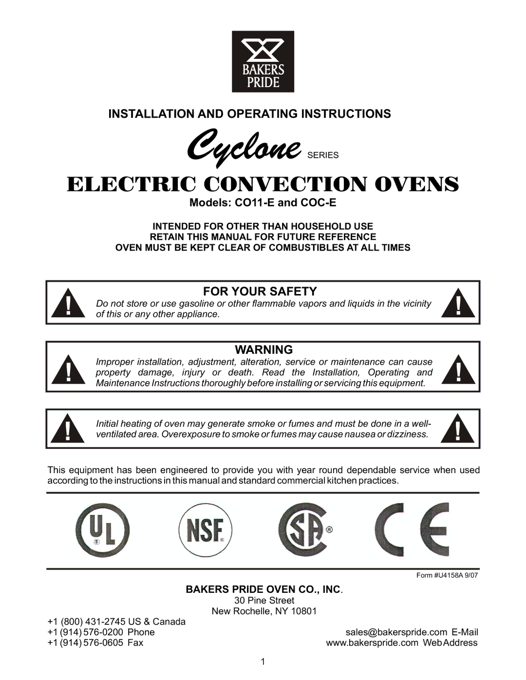 Bakers Pride Oven CO-11E manual Cyclone Series, Bakers Pride Oven CO., INC 