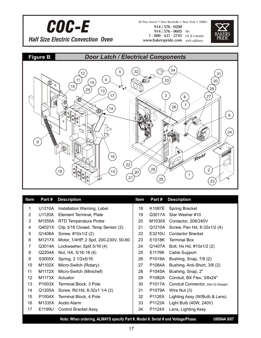 Bakers Pride Oven CO-11E manual Door Latch / Electrical Components, Figure B 