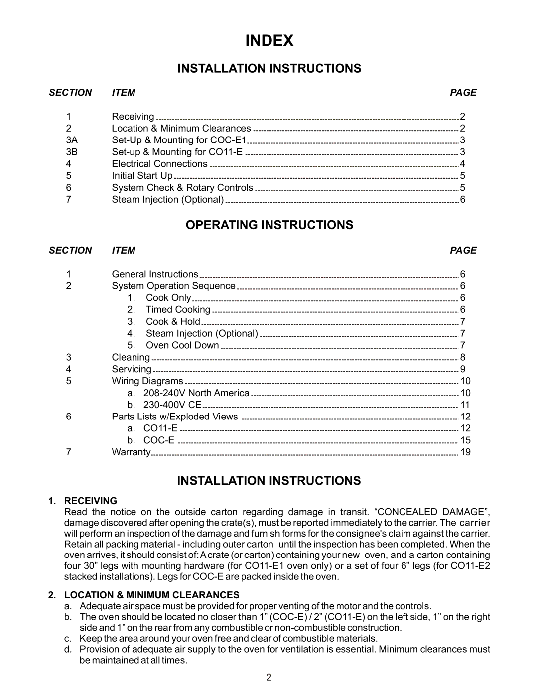 Bakers Pride Oven CO-11E manual Receiving, Location & Minimum Clearances 