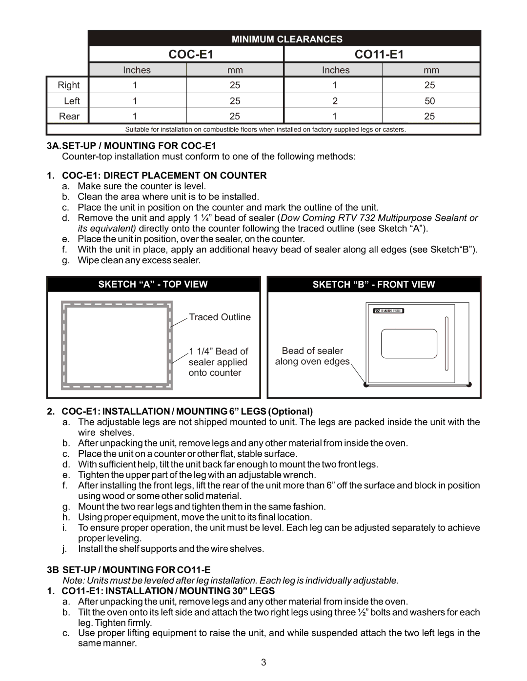 Bakers Pride Oven CO-11E manual Minimum Clearances, 3A.SET-UP / Mounting for COC-E1, COC-E1 Direct Placement on Counter 